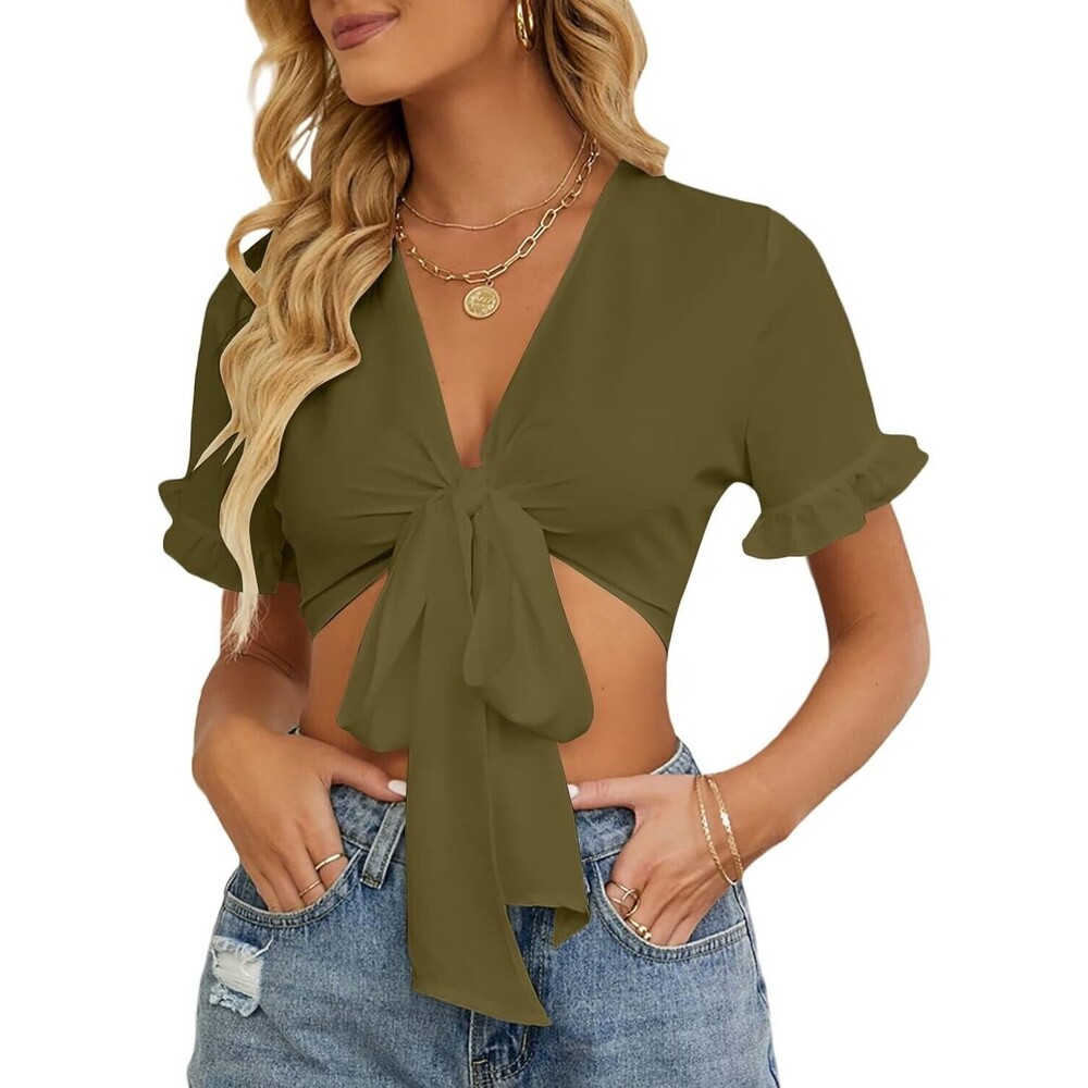 Women' Bolero Top Size Large Deep V Neck Tie Front Wrap Ruffle Short Sleeve A1